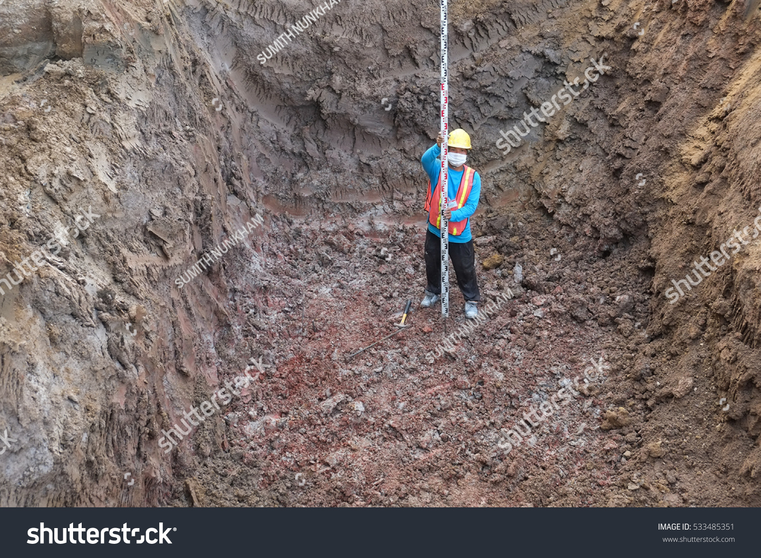 Stock Photo Surveyor Check Levelling Elevation Soil Bottom Septic Tank 533485351